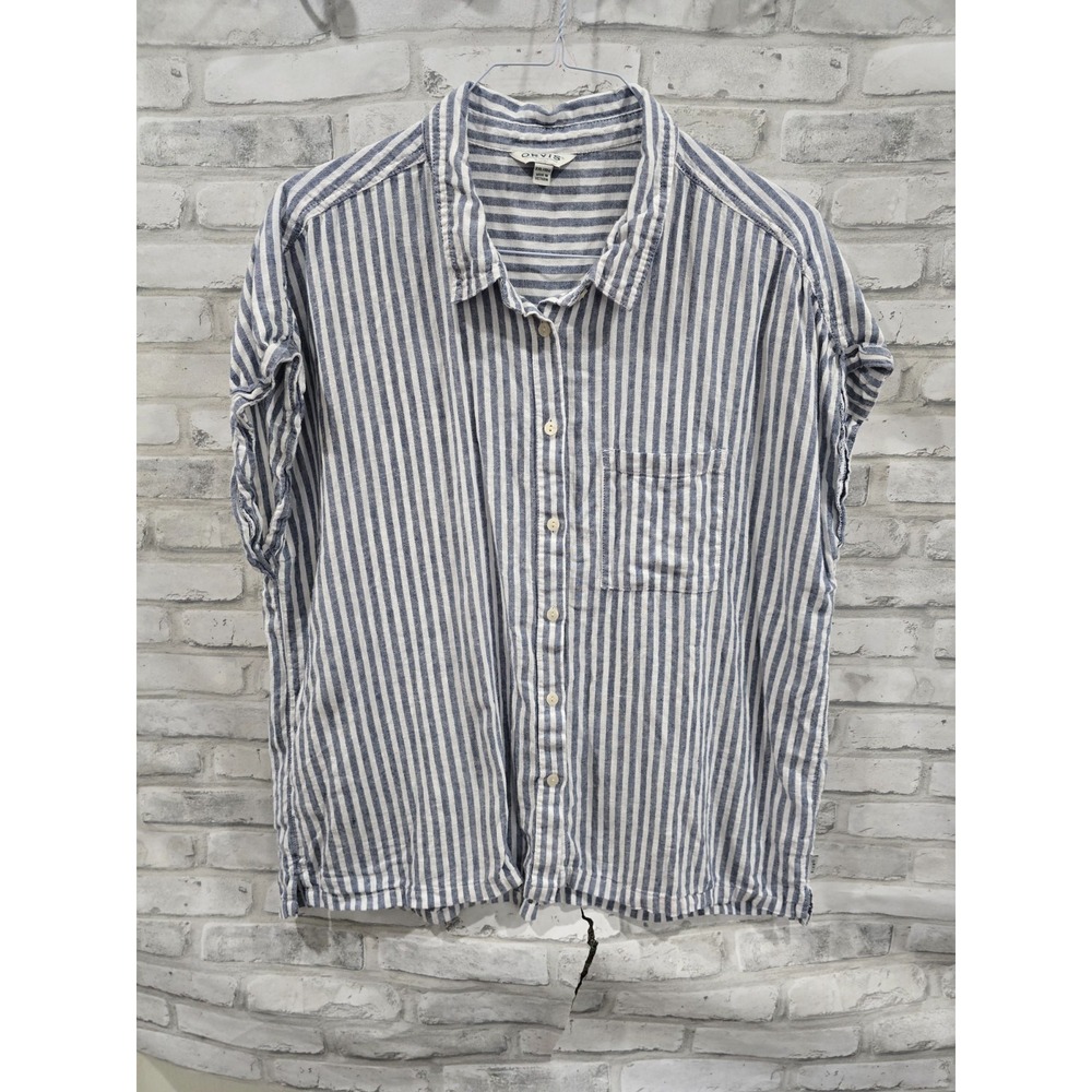 Orvis Women XXL Linen Blend Button Up Shirt Top Blue Stripe Cap Sleeve 2XL